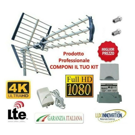 KIT ANTENNA DIGITALE TERRESTRE 5G LTE HD IMPIANTO TV COMPLETO AMPLIFICATORE  E ALIMENTATORE