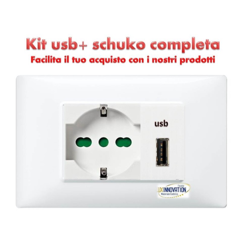 Presa usb con schuko completa monoblocco con placca bianca compatibile vimar