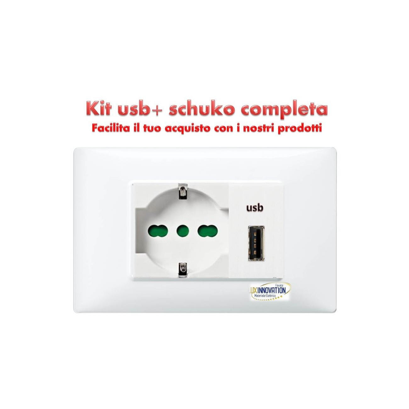 Presa usb con schuko completa monoblocco con placca bianca