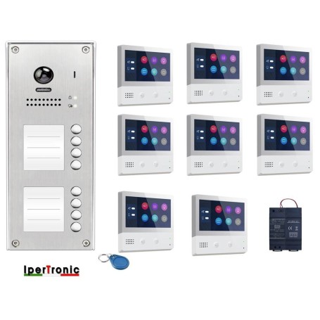 kit videocitofono 8 famiglie con pulsantiera 8 tasti e monitor Touch 7 pollici a colori 2 fili ipertronic