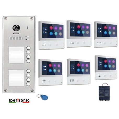 kit videocitofono 6 appartamenti con pulsantiera 6 tasti e monitor Touch 7 pollici a colori 2 fili ipertronic