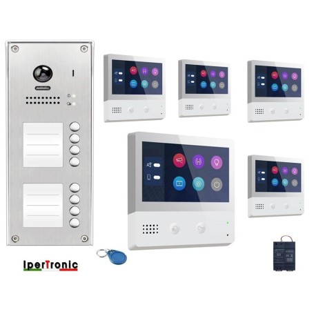 kit videocitofono 5 appartamenti con pulsantiera 5 tasti e monitor Touch 7 pollici a colori 2 fili