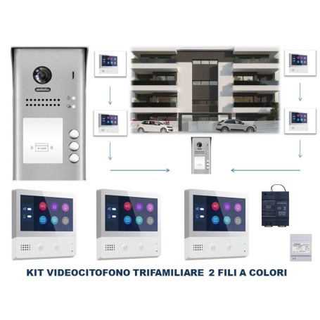 Kit Videocitofono 2 fili trifamiliare 3 monitor 7 pollici a colori ipertronic