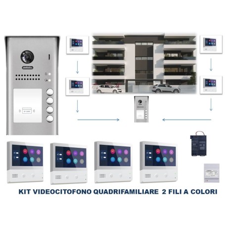 Videocitofono quadrifamiliare 4 famiglie monitor 7 pollici 2 fili a colori ipertronic