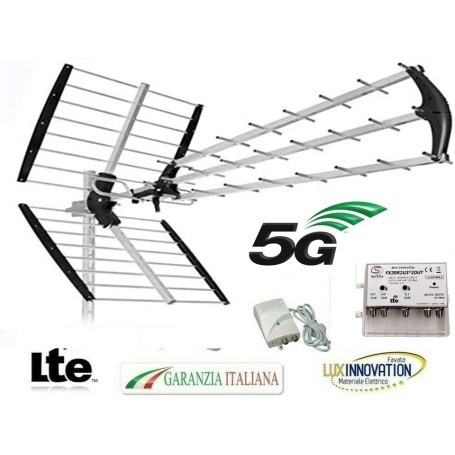 KIT ANTENNA DIGITALE TERRESTRE CON FILTRO 5G LTE HD IMPIANTO TV COMPLETO AMPLIFICATORE  E ALIMENTATORE