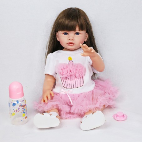 Bambola reale Reborn Emy In Silicone 48Cm capelli mori collezione demy twins