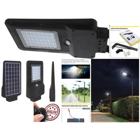 ARMATURA STRADALE LED 15W AUTOALIMENTATO NERO CON PANNELLO SOLARE E SENSORE PIR 4000K lampione giardino