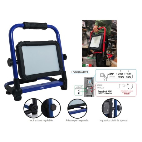 PROIETTORE PORTATILE BATTERIA 30W DA CANTIERE AUTONIMIA 6 ORE USCITA USB POWER BANK 2A