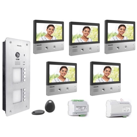 KIT VIDEOCITOFONO 5 FAMIGLIE PHILIPS 2 FILI A COLORI VIVAVOCE 7 POLLICI