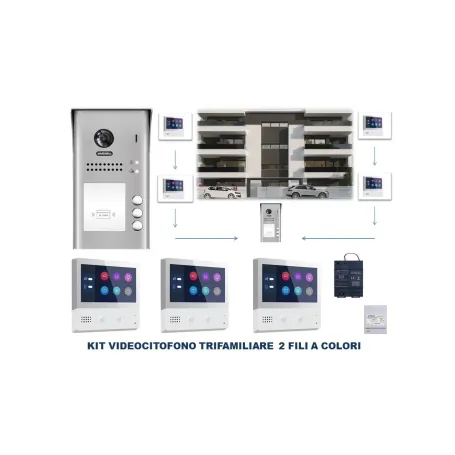 Kit Videocitofono trifamiliare per 3 famiglie appartamenti vivavoce ipertronic