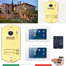 Kit Videocitofono pulsantiera oro lucido 2 famiglie