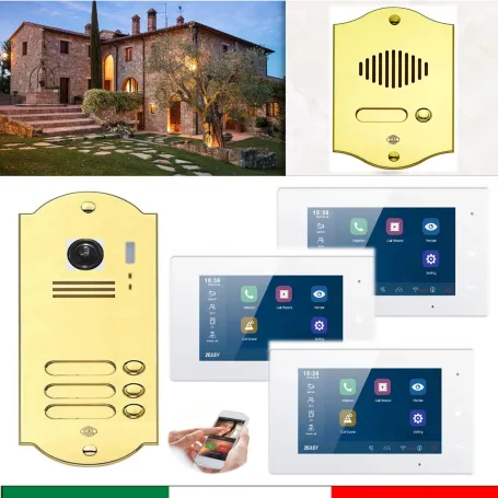 Kit Videocitofono Trifamiliare WiFi con Pulsantiera in Oro Lucido Kit Videocitofono Trifamiliare WiFi con Pulsantiera in Oro Lucido