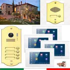 Kit Videocitofono 4 famiglie WiFi con Pulsantiera in Oro Lucido