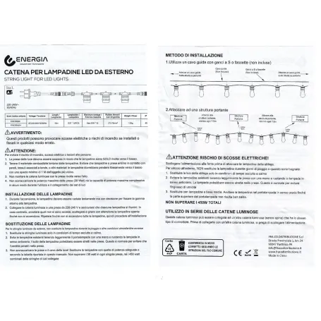 Catena luminosa catenaria 15 metri allungabile professionale nera con lampada E27