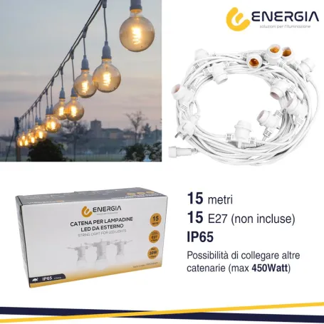 Catena luminosa 15mt bianca completa di lampada e27 led 15mt 15 estendibile
