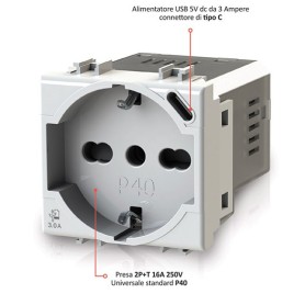 Presa universale con shuko USB 3A for box 4B.Kw.P40.USB...