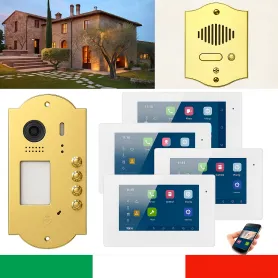 Kit Videocitofono 4 famiglie WiFi con Pulsantiera in Oro Lucido