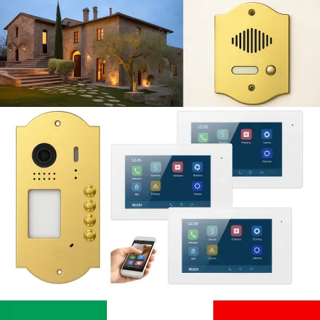 Kit Videocitofono Trifamiliare WiFi con Pulsantiera in Oro Lucido