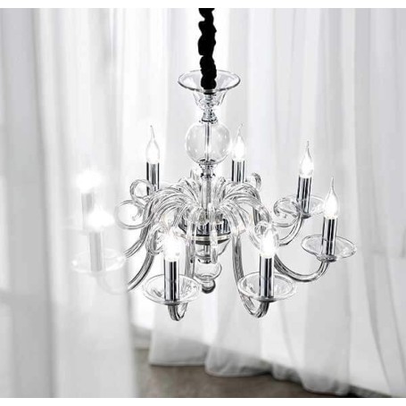 Lampadario sospensione vetro trasparente con candele D.85 art.6498TR moderno contemporano salone sala da pranzo camera da letto Lampadario sospensione vetro trasparente con candele D.85 art.6498TR moderno contemporano salone sala da pranzo camera da letto