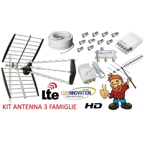 KIT ANTENNA DIGITALE TERRESTRE 5G PER 3 FAMIGLIE LTE HD IMPIANTO ANTENNA COMPLETO