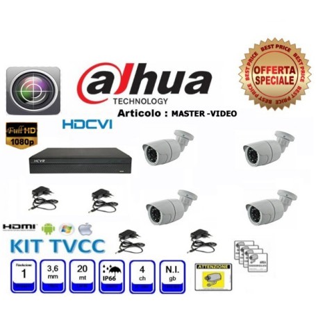 KIT VIDEOSORVEGLIANZA HD 2 MEGAPIXEL 4 TELECAMERE CON HCVR 1080P DAHUA