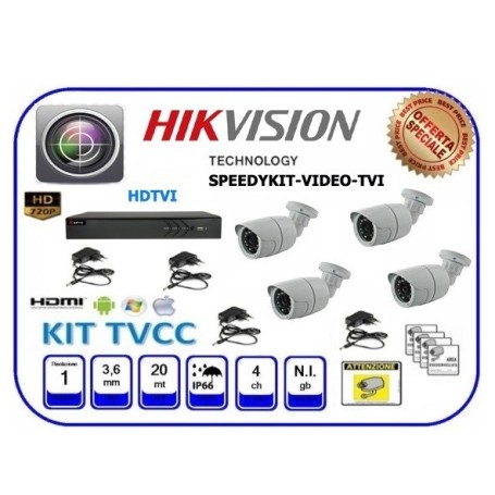 KIT VIDEOSORVEGLIANZA HD 1,3 M.PIXEL 4 TELECAMERE CON HTVR 720P